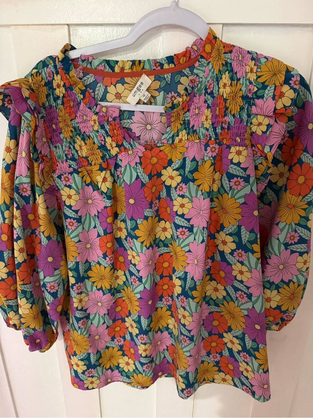 Umgee Floral Smocked Yoke Blouse - Teal, Pink, Orange, Yellow